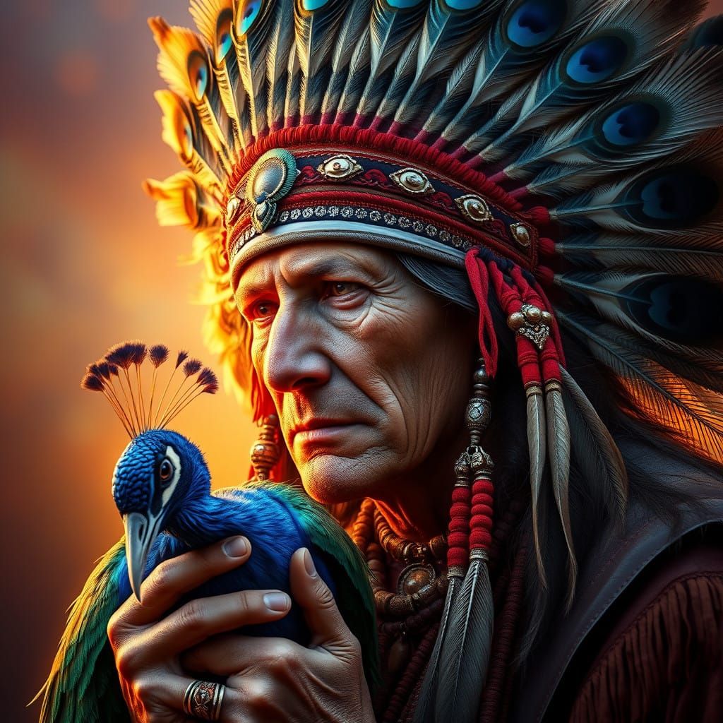 Native American Warrior Adorned with Vibrant Peacock Feather...
