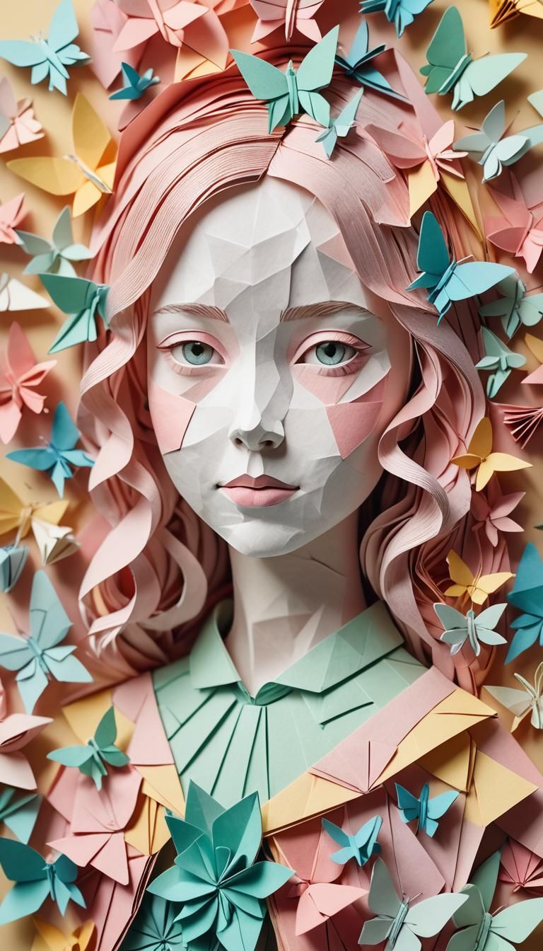 Whimsical Origami Girl Portrait in Papercraft Style