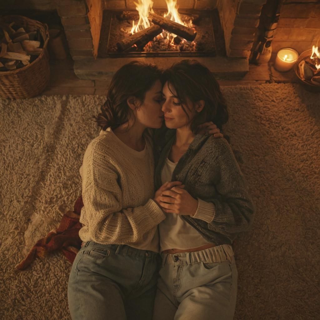 Lesbian Couple Cuddling by Fire: Concept Art