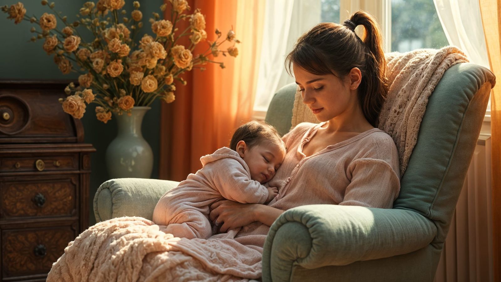 Mother and Baby in Sunlit Room as 3D Art