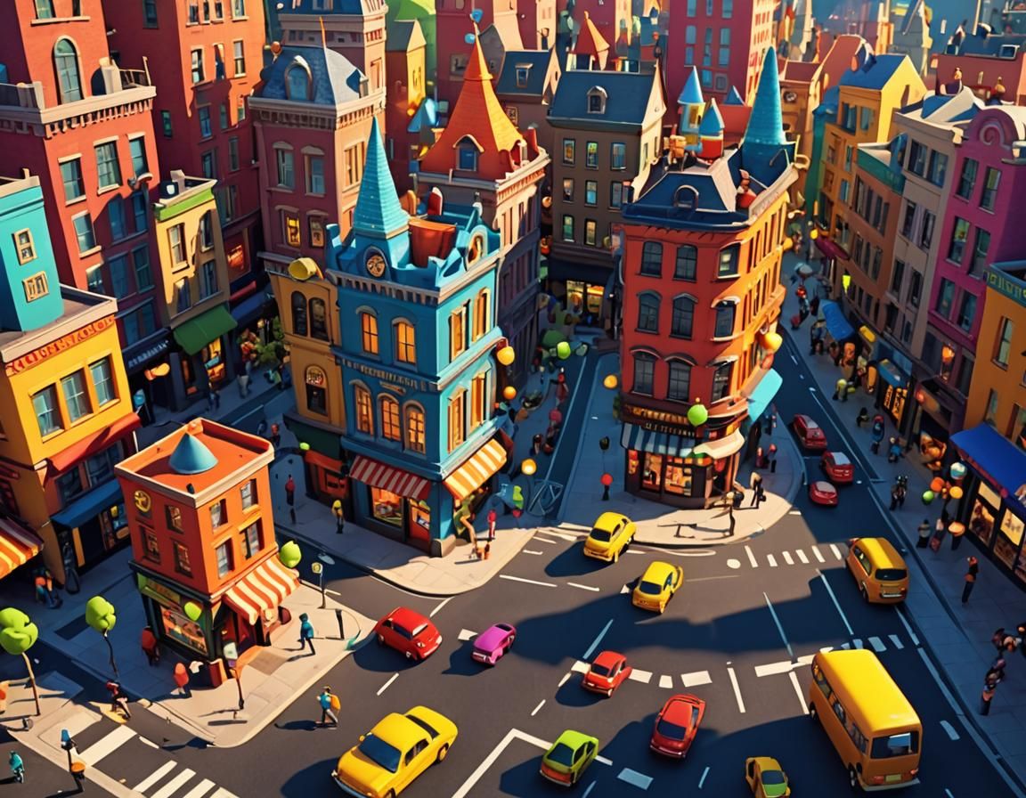 Colorful Cartoon Characters in Animated Cityscape