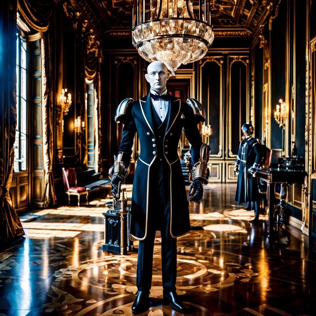 Futuristic Robot Butler in Chateau, Hyperrealistic