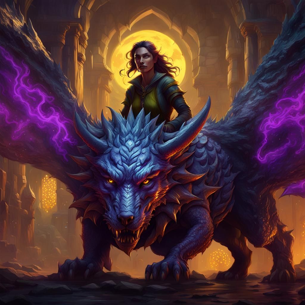 Woman with Mythical Dragon-Wolf Pet in Dark Fantasy