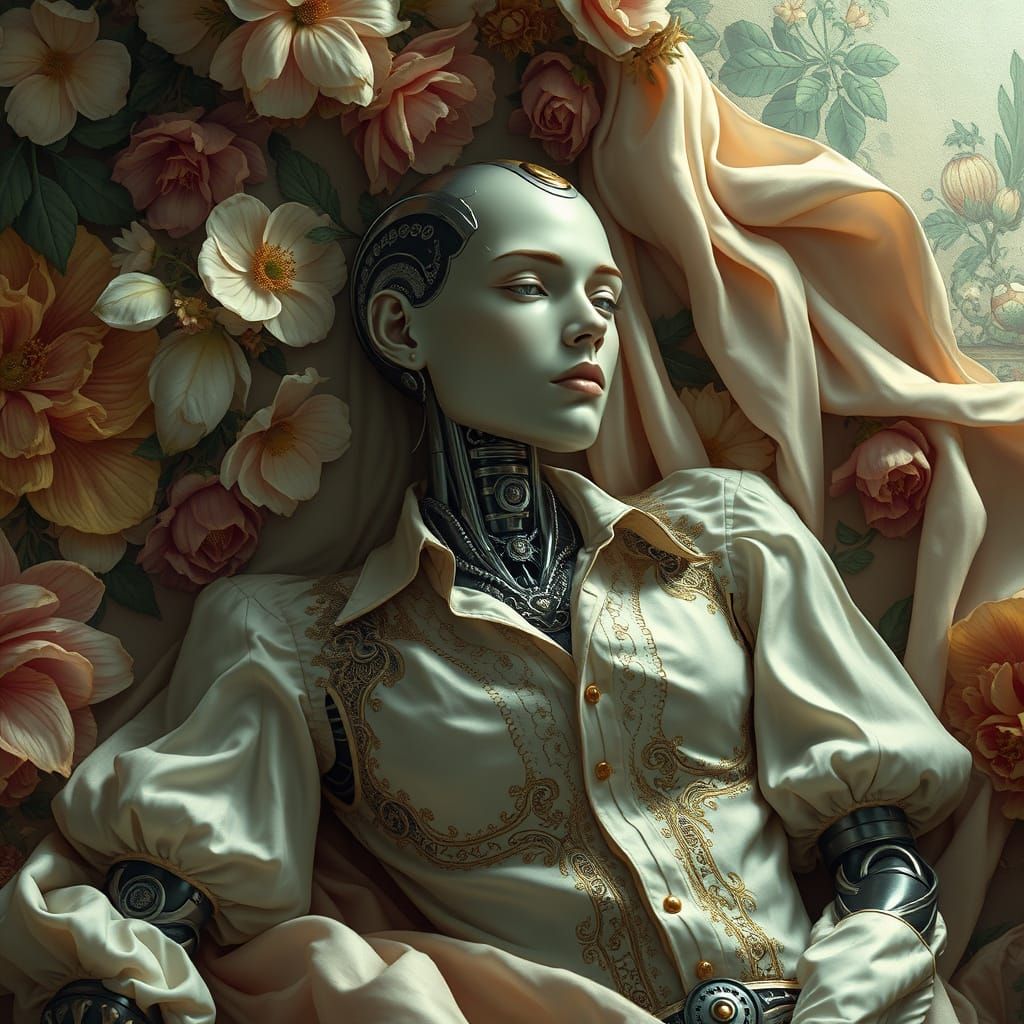 Ethereal Android in Art Nouveau Botanical Haven