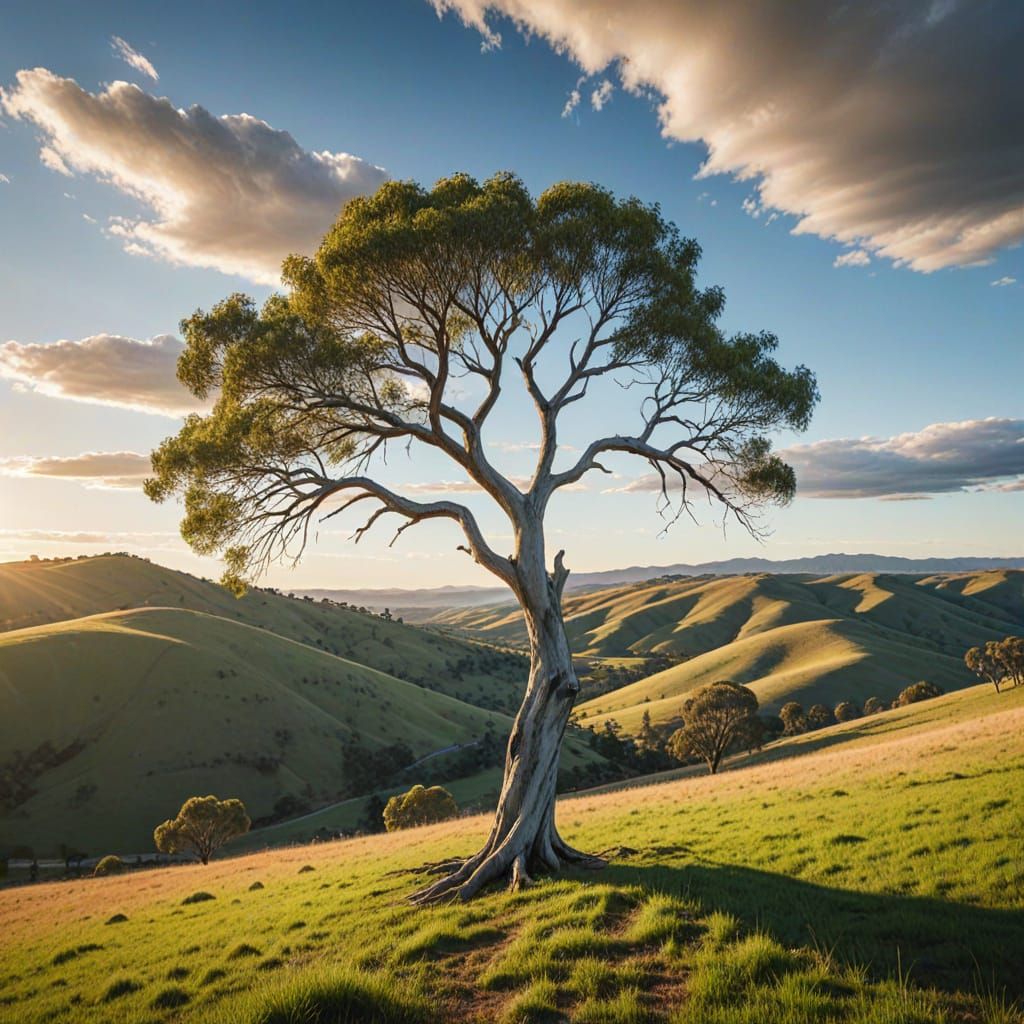 Lone Gum Tree Overlooking Rolling Hills in Golden Light