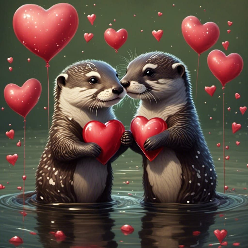 Romantic Otters Surrounded by Heart Bubbles