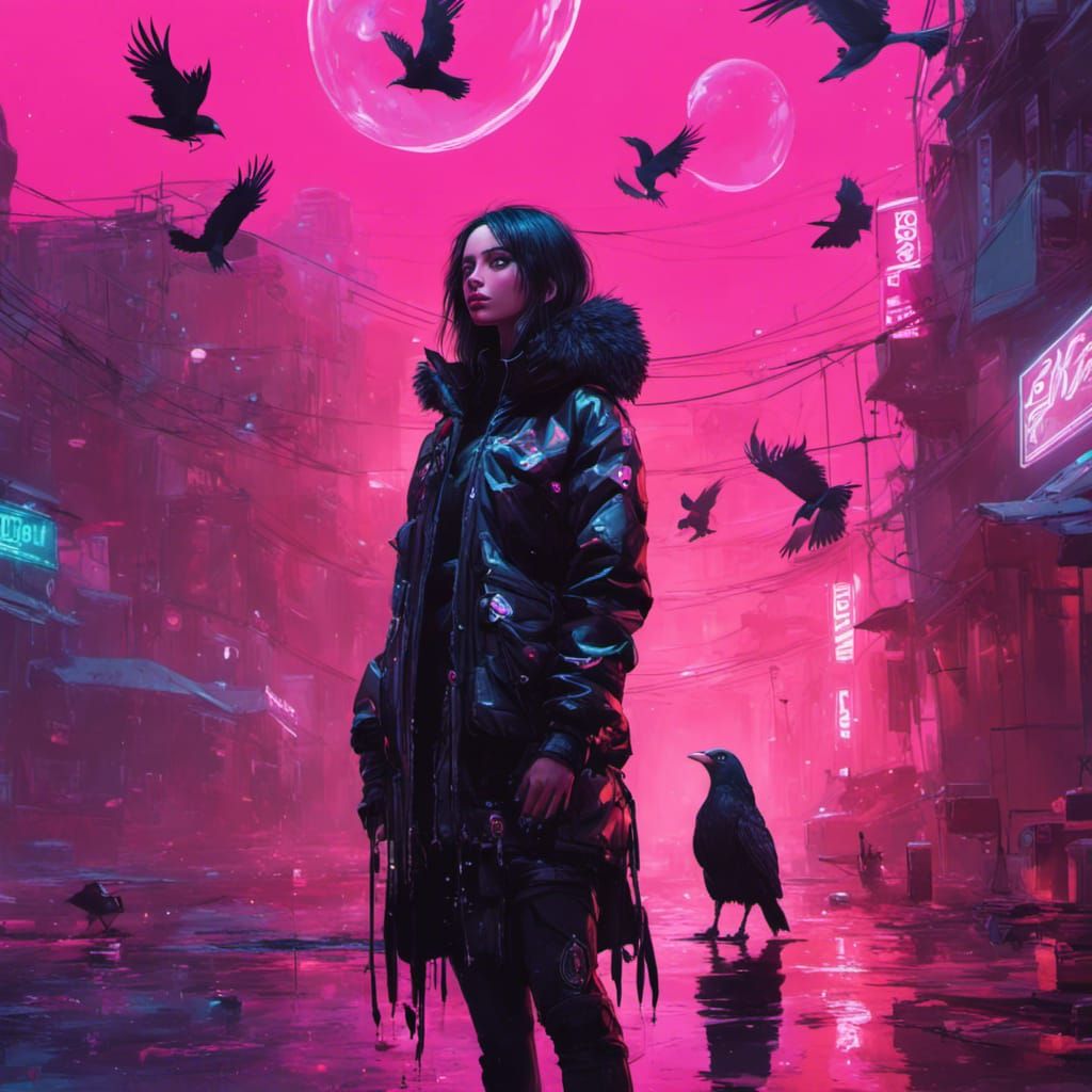 Cyberpunk Emo Girl with Raven in Neon Bubbles
