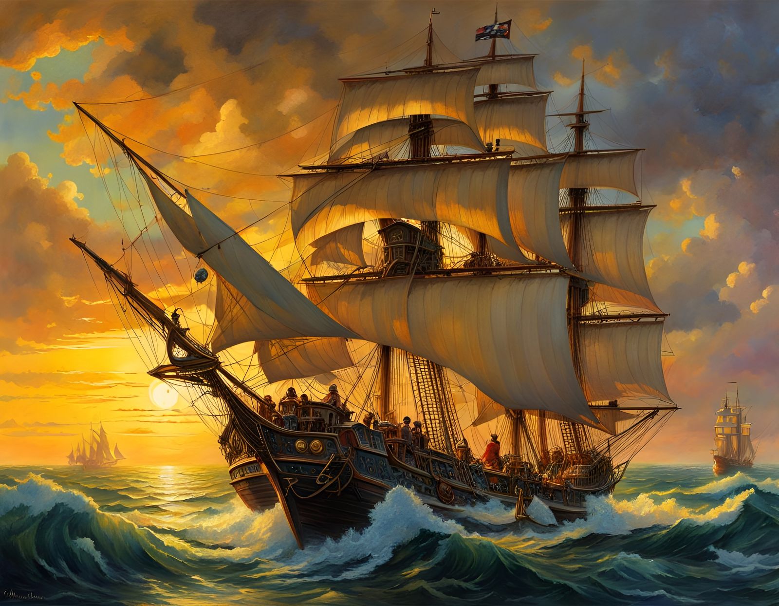 Pirate Ship in Stormy Seas, Golden Hour Lighting