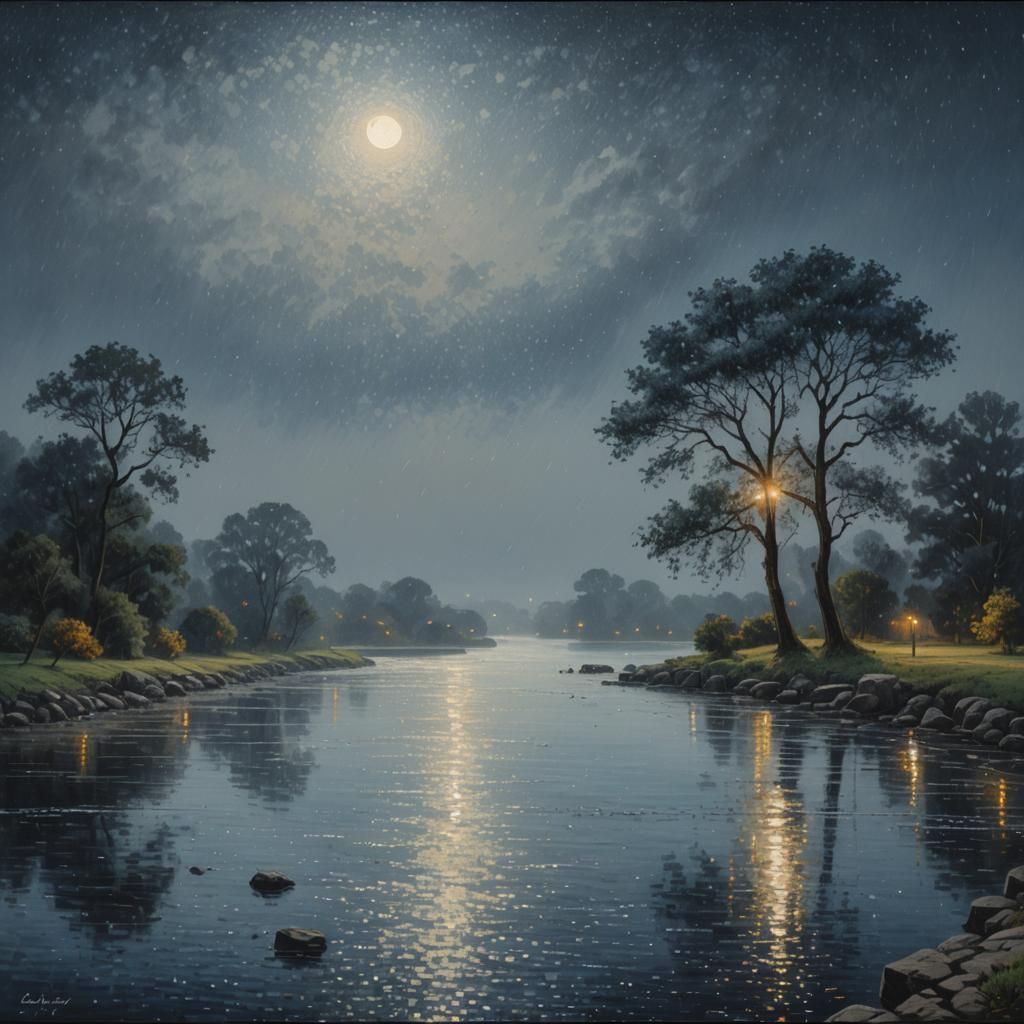 Moonlit River at Night in Pointillism Style
