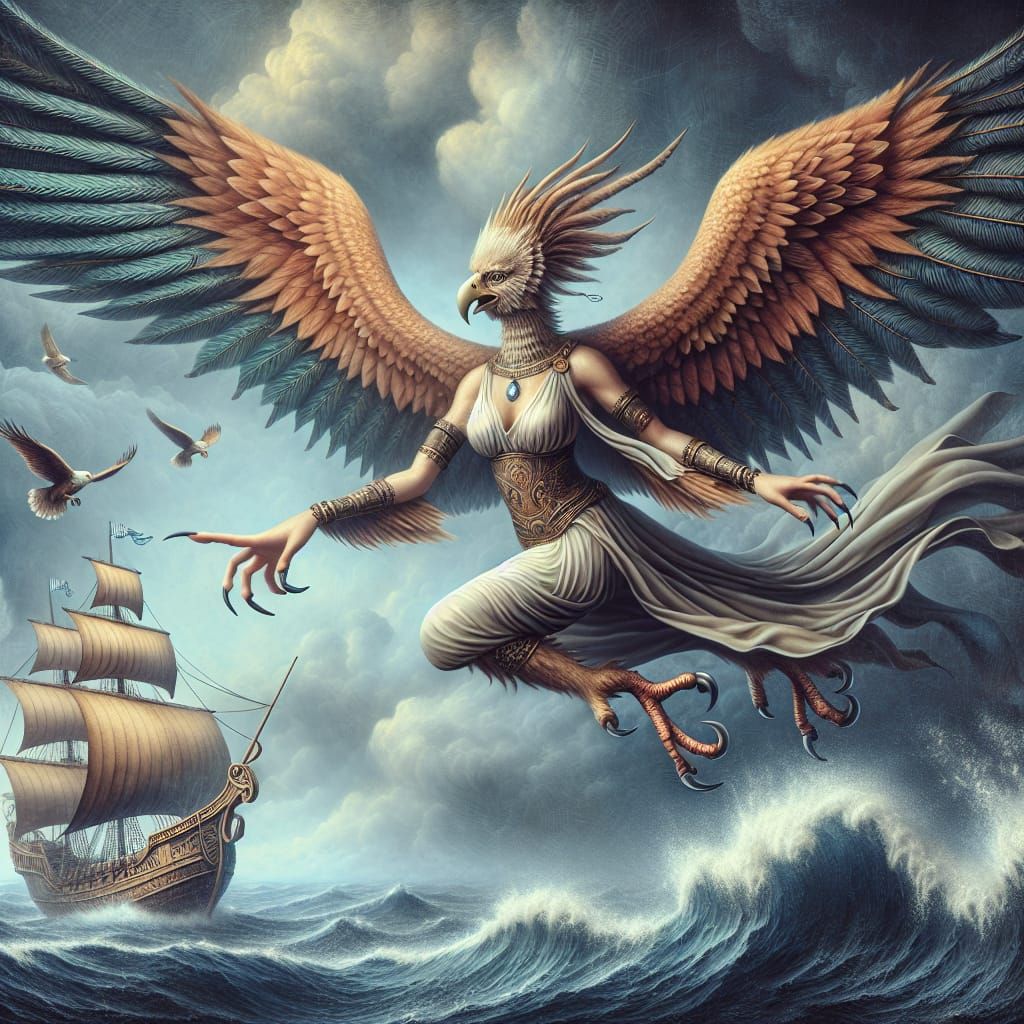 Masterpiece art, Greek Mythology Female Harpy, has a human body and face, face has a bird beak and human body, bird wing...