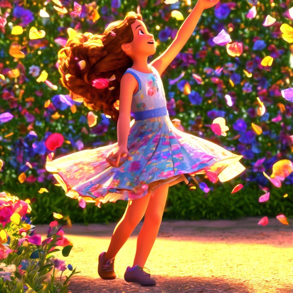Girl Dancing in Garden in Disney Pixar Style