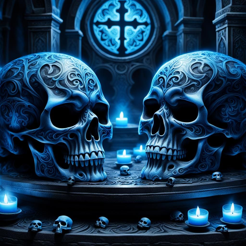 Mystical Skulls on Altar with Glowing Runes