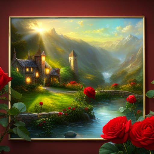 Green Valley of Roses with Red Frame, Kinkade Lighting