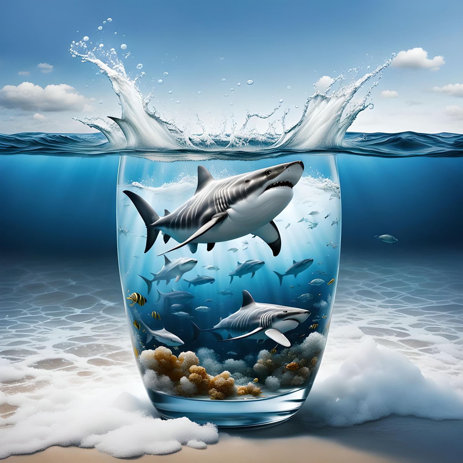 Hyperrealistic Ocean Scene with Sharks in Glass