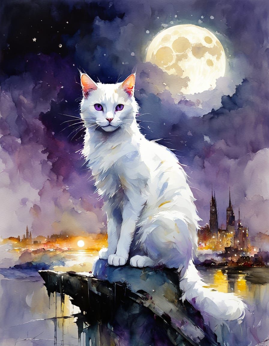 Ethereal White Cat Basks in Soft Lunar Glow
