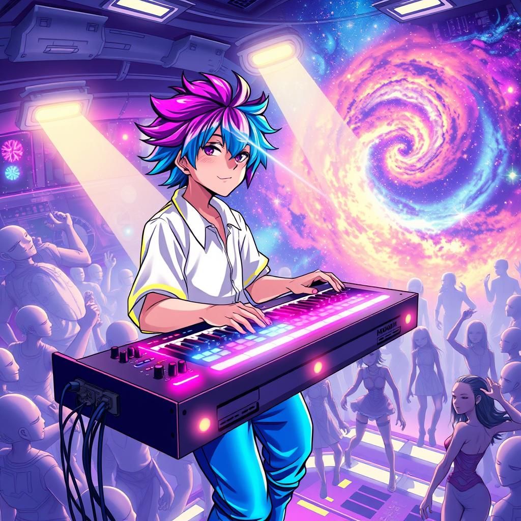 Anime Character's Cosmic Rave with Analog Synthesizer