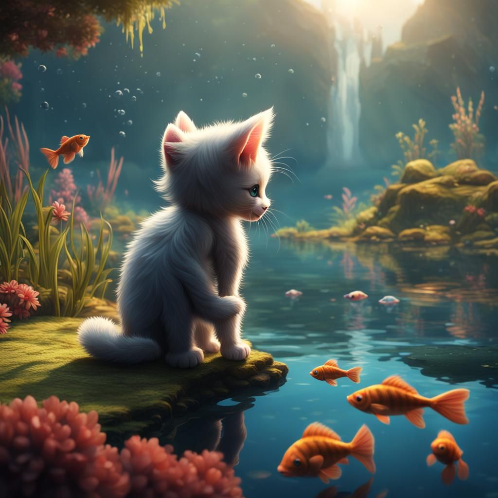 Kitten Gazing at Fish: Detailed Matte Painting