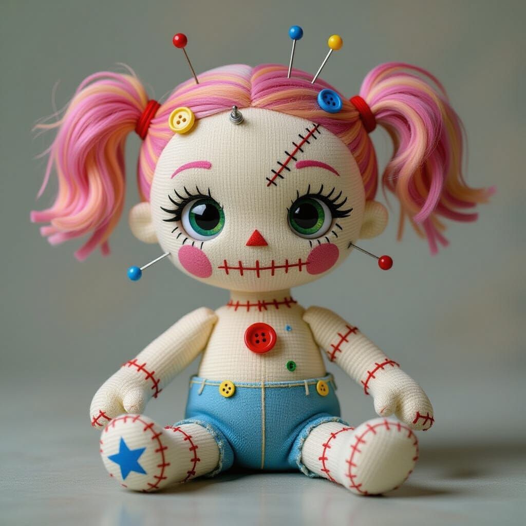 Creepy Kawaii Voodoo Doll with Colorful Details