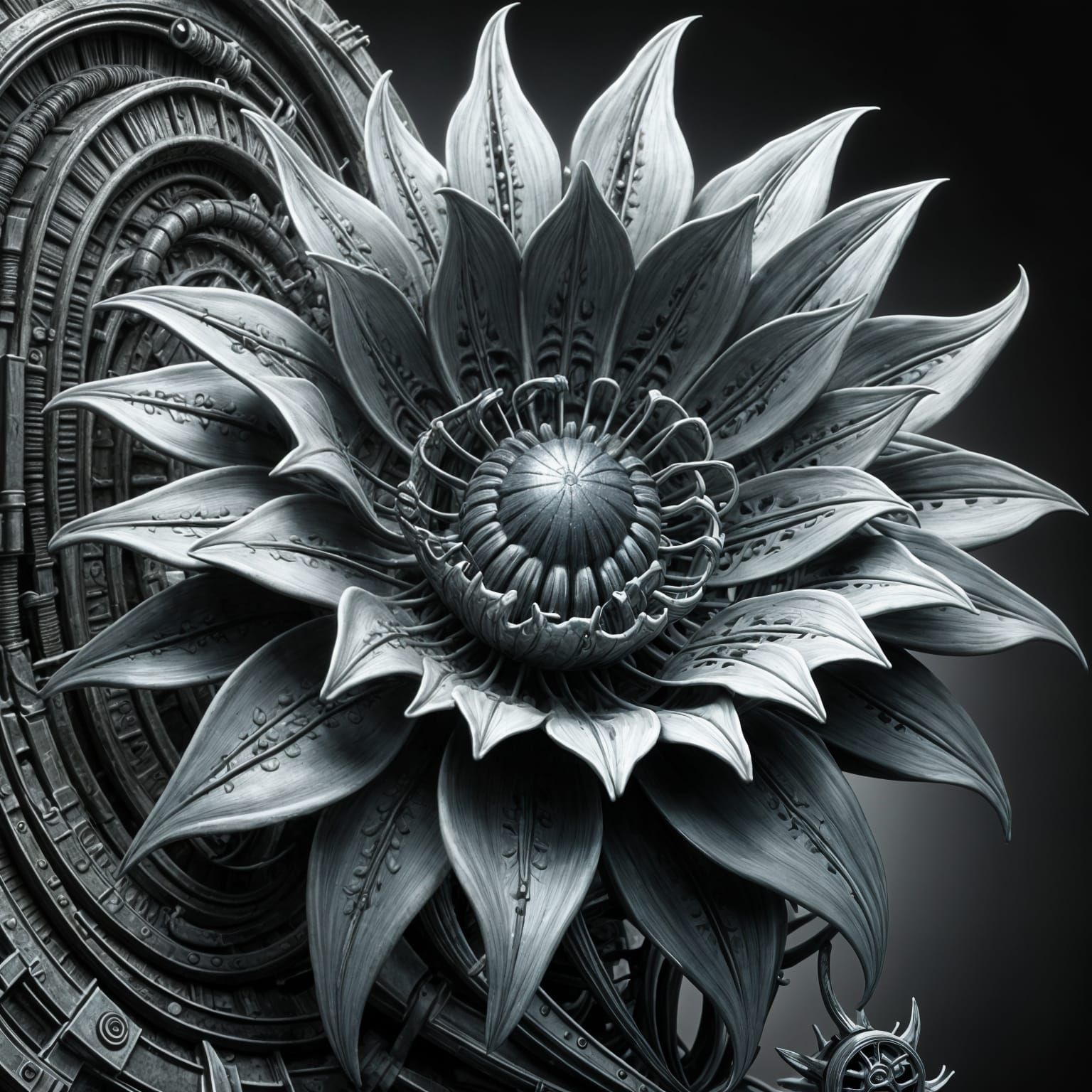 Dark Mystical Biomechanical Flower in Giger Style