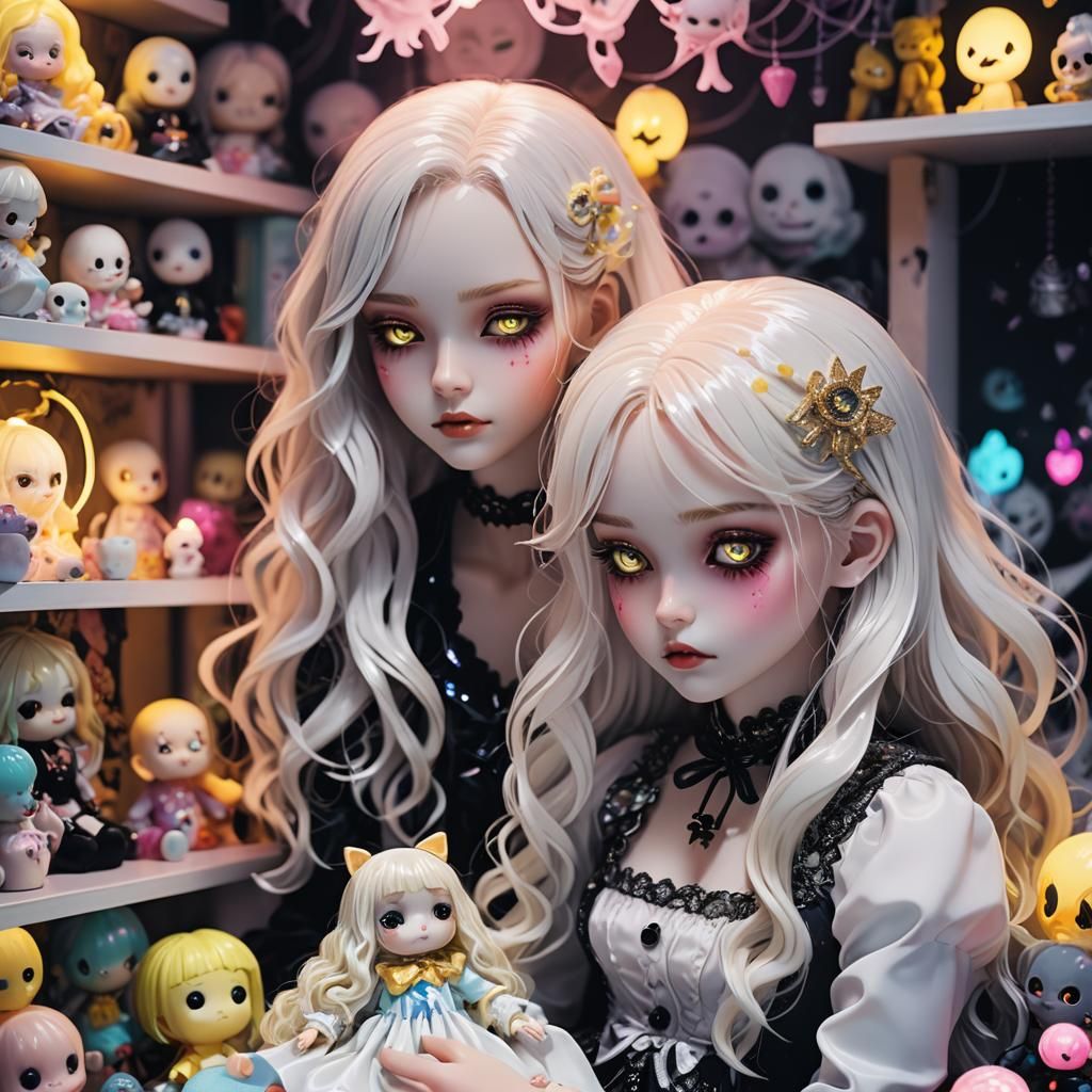 Anime Girl with Doll in Spooky Neon Bedroom