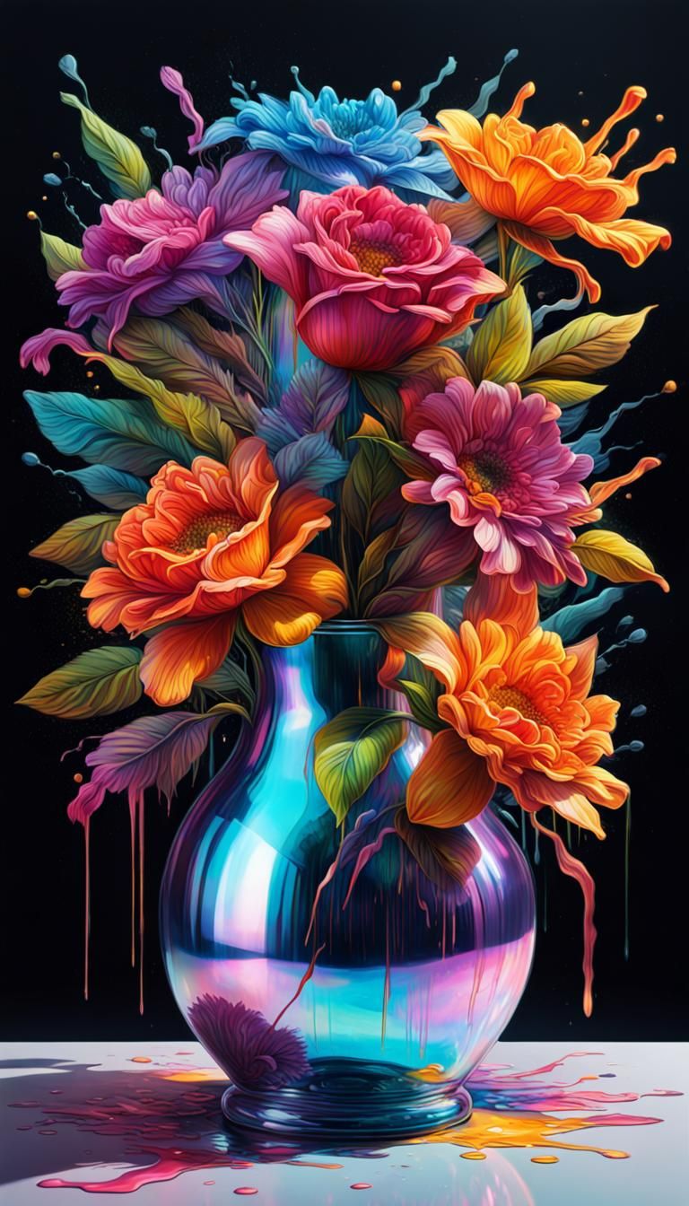 Floral Bouquet in Iridescent Vase: Splash Art Style