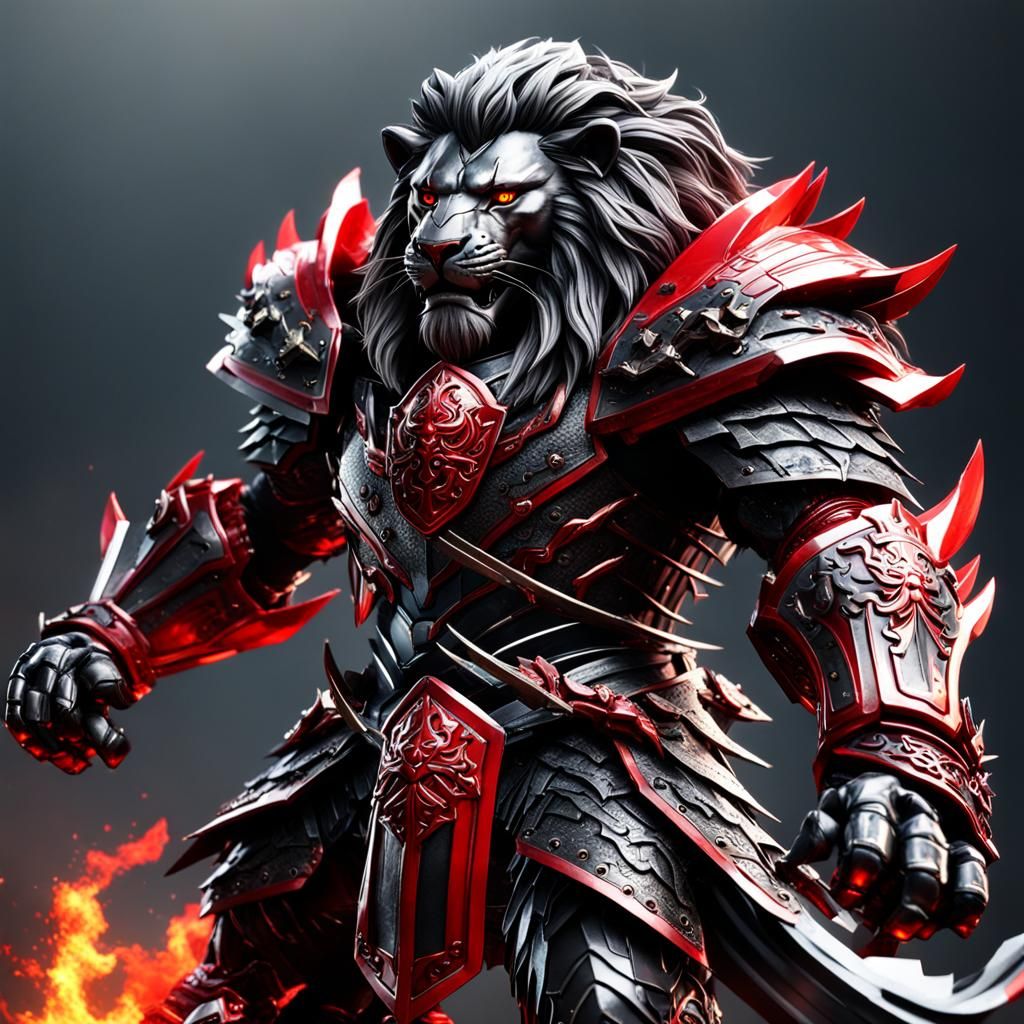 Armored Black Lion with Fiery Swords
