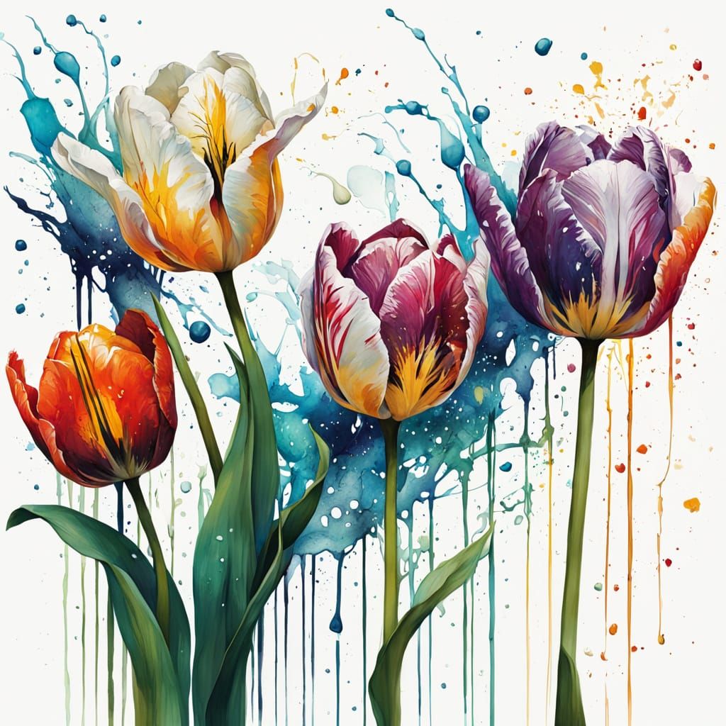 Vibrant Tulips in Spring Garden with Alcohol Inks