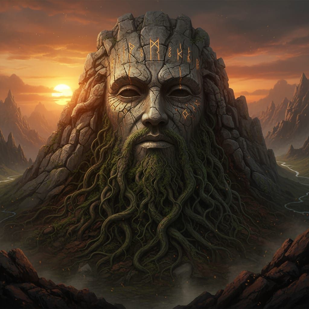 Colossal Mountain Face Carved into Stone, Ancient Runes