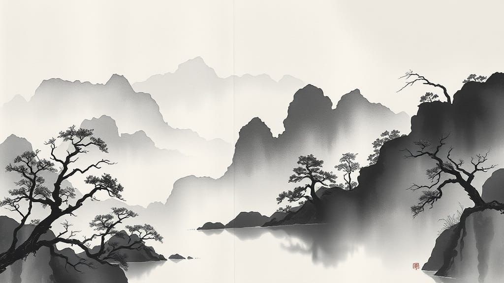 Serene Chinese Ink Landscape in Grayscale