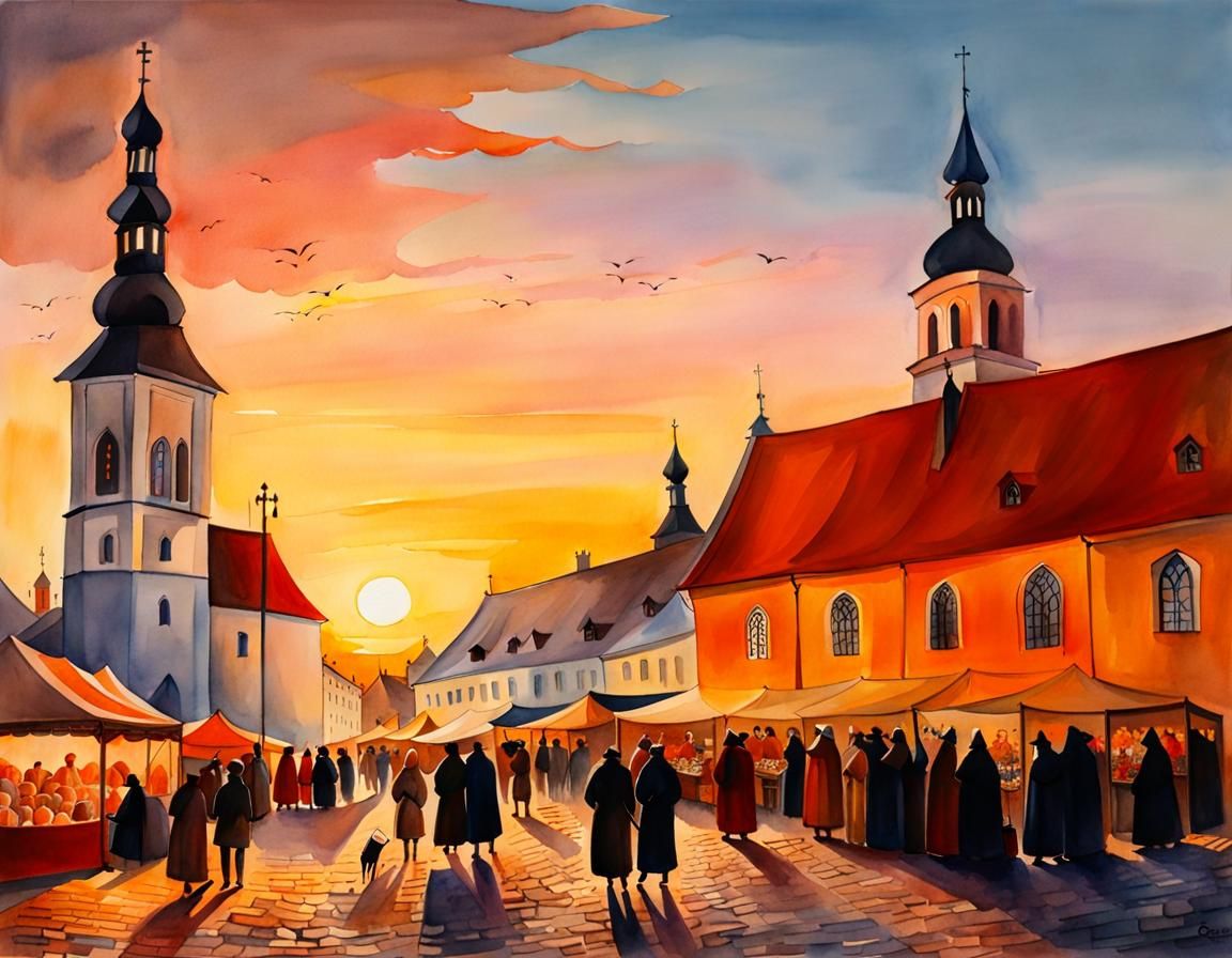Crowded Medieval Estonian Market at Sunset