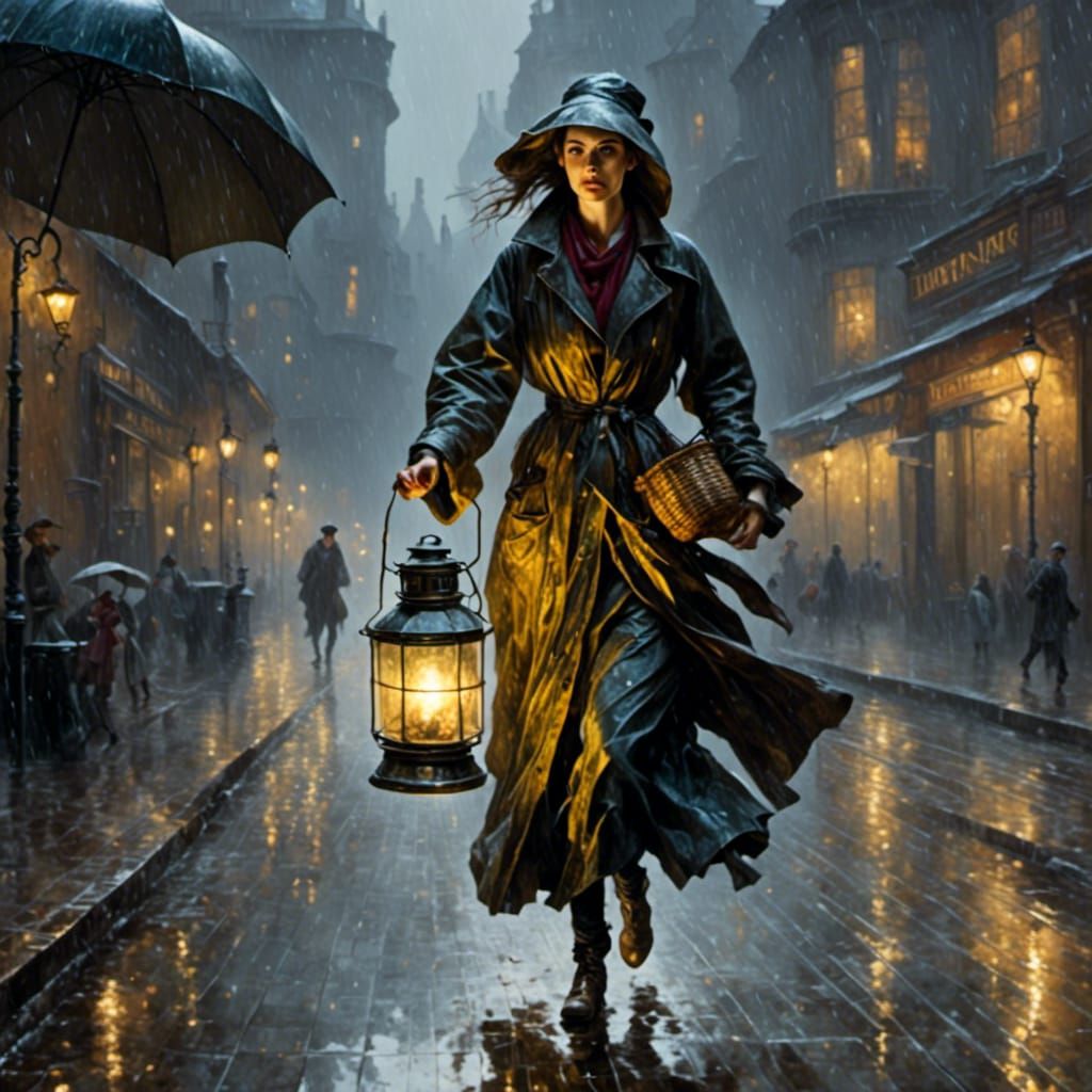 Woman Walks in Rain with Lantern: Ultra Realism