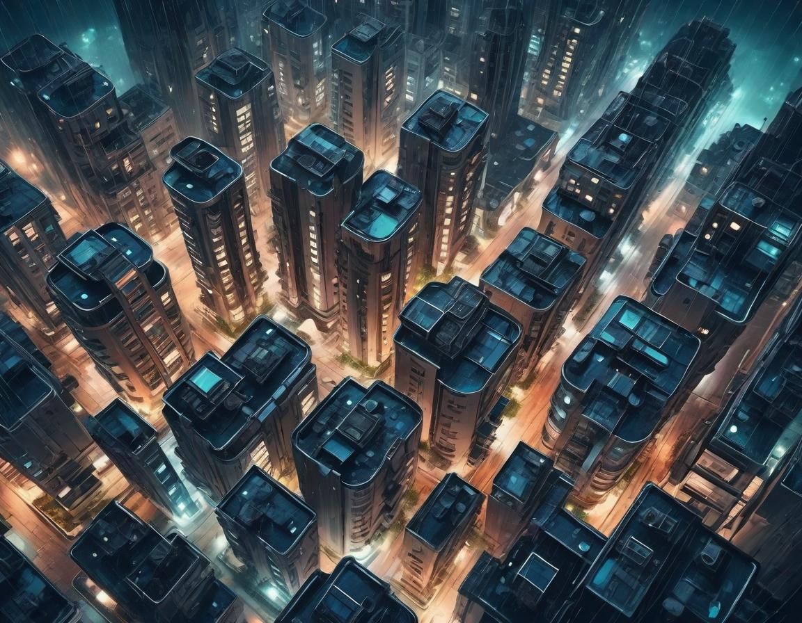 Futuristic Art Deco Buildings in Rainy Night