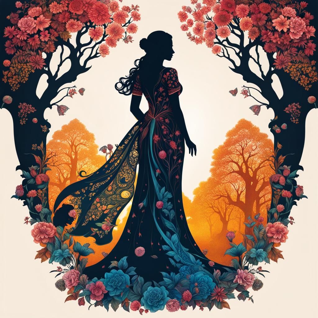 Medieval Maiden Silhouette with Floral Double Exposure