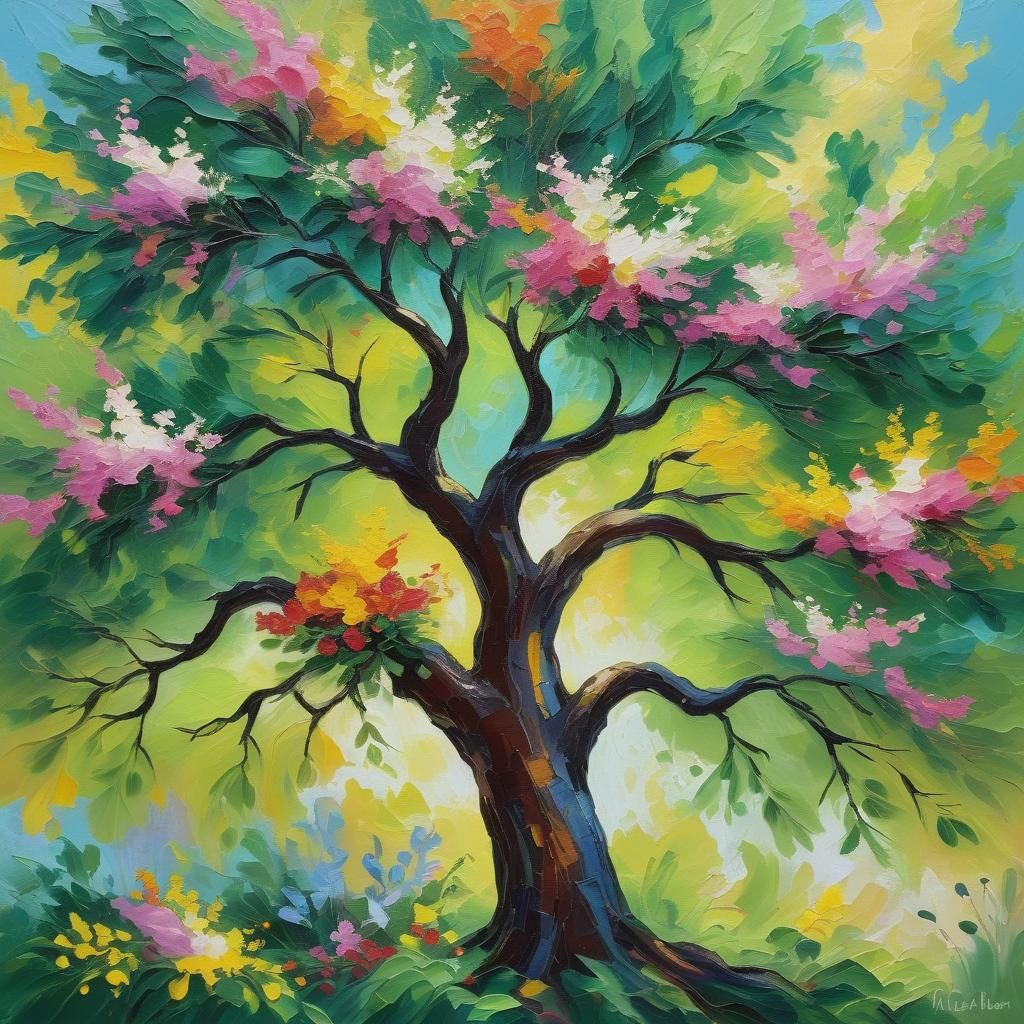 Vibrant Tree of Life in Neo-Impressionist Oil Painting