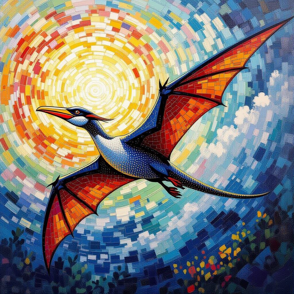Pterodactyl in Flight: A Pointillist Illustration
