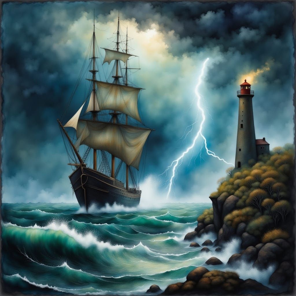 Majestic Sail Ship Battles Stormy Ocean Coast