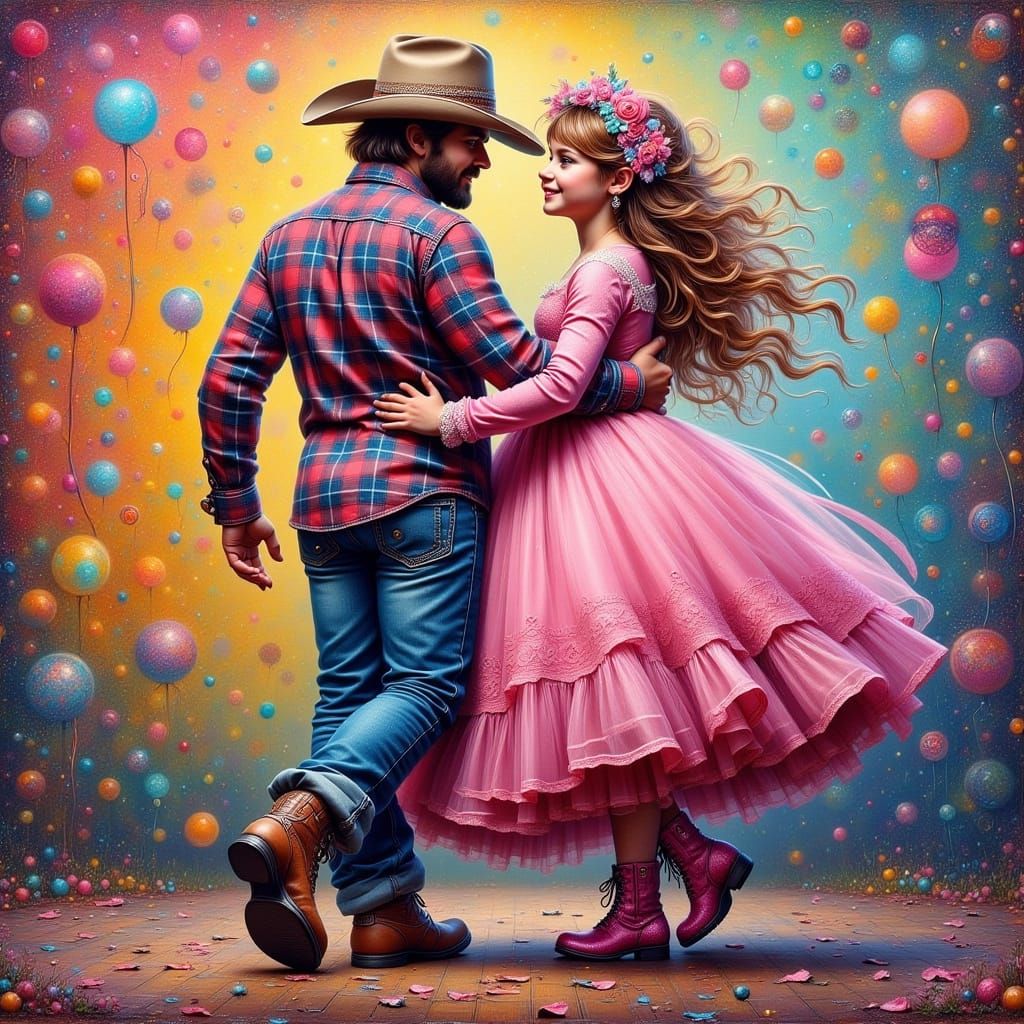 Father Daughter Pink Pony Dance in Surreal Style