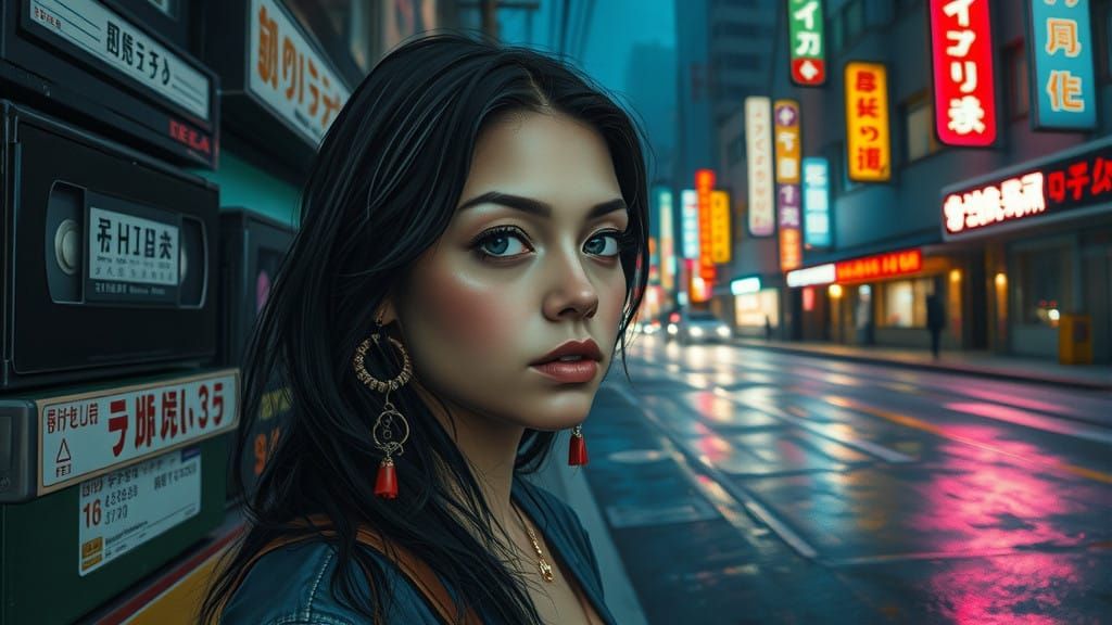 Melancholic Woman in Neon Cityscape, Vaporwave Art