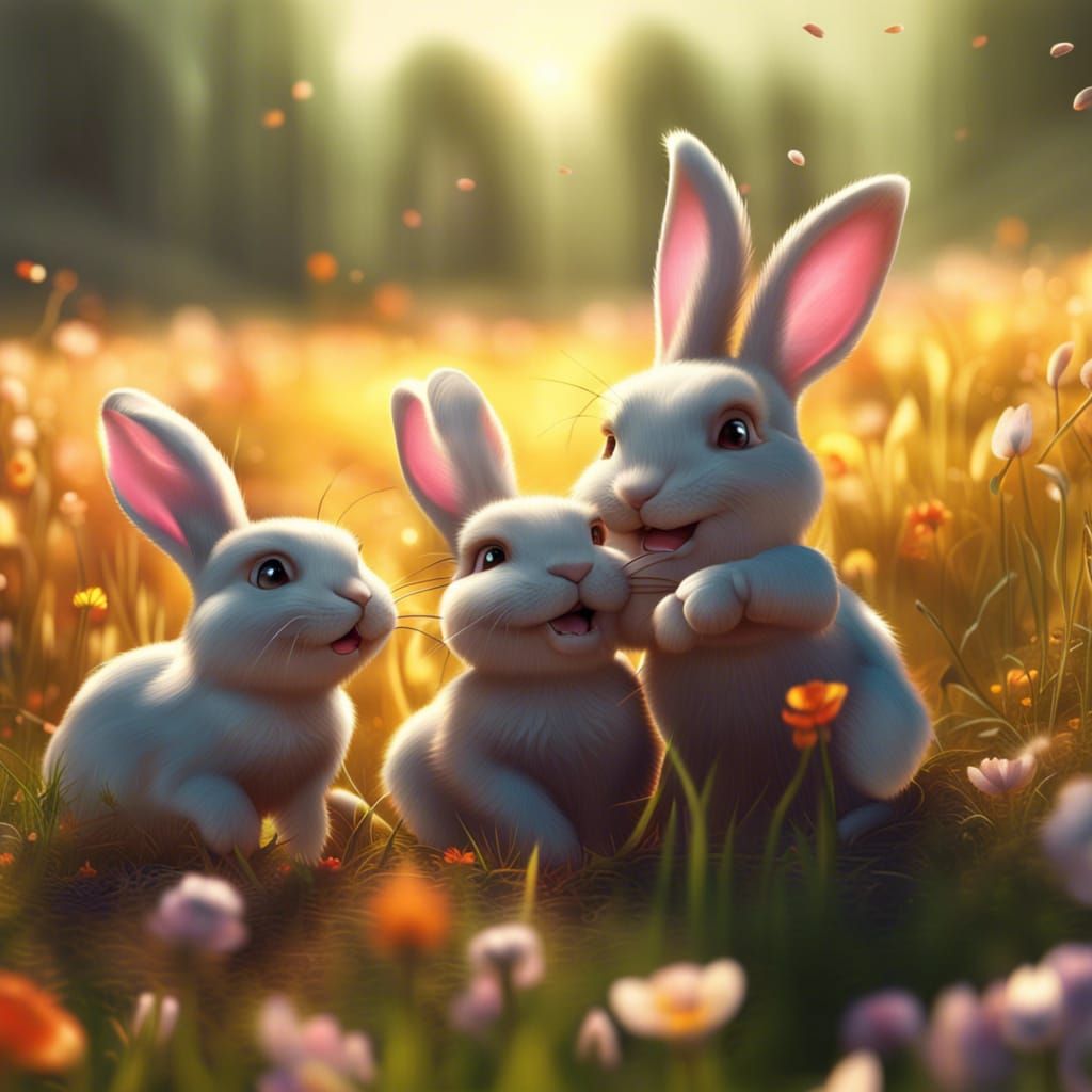 Cute Bunnies Playing in Sunlit Field