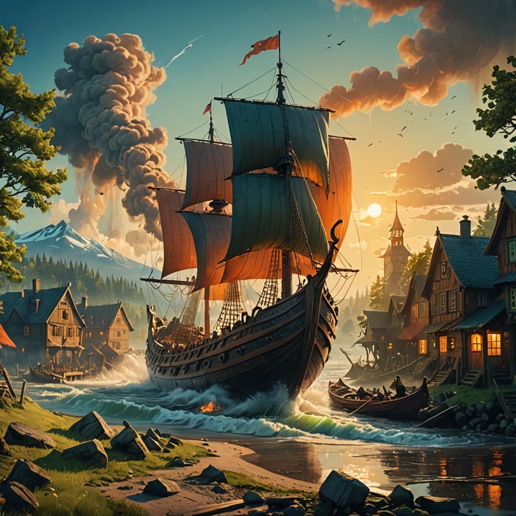 Viking Longship Attack in Golden Hour Light