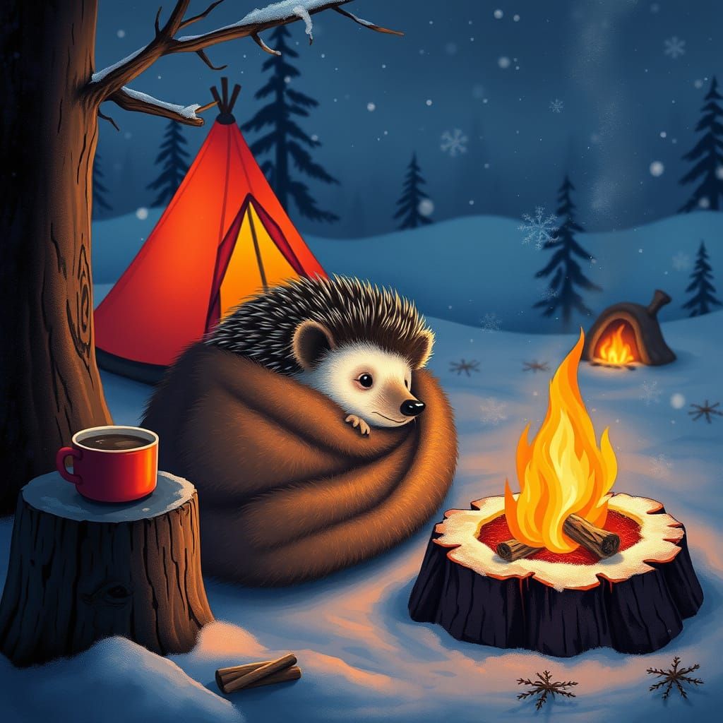 Cozy Arctic Hedgehog by Campfire