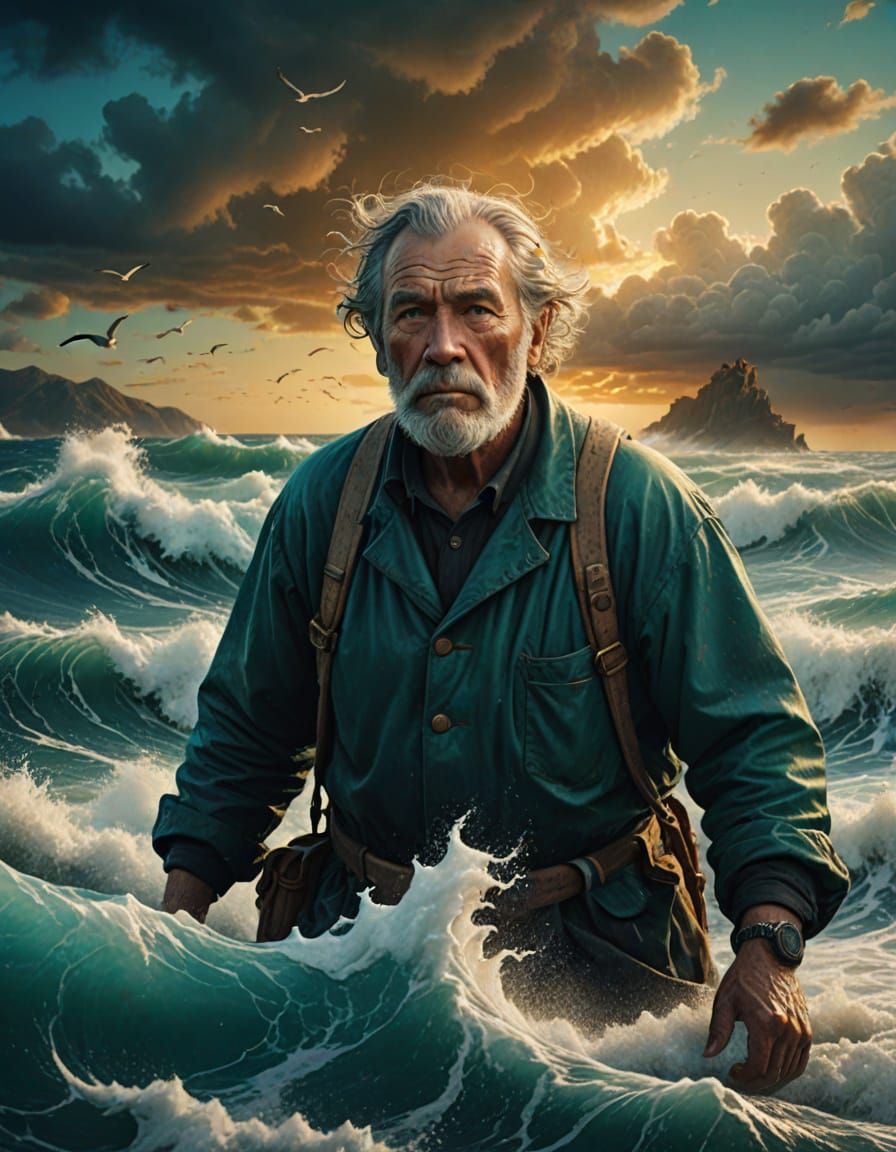 Oceanic God Fisherman Rises From Stormy Seas