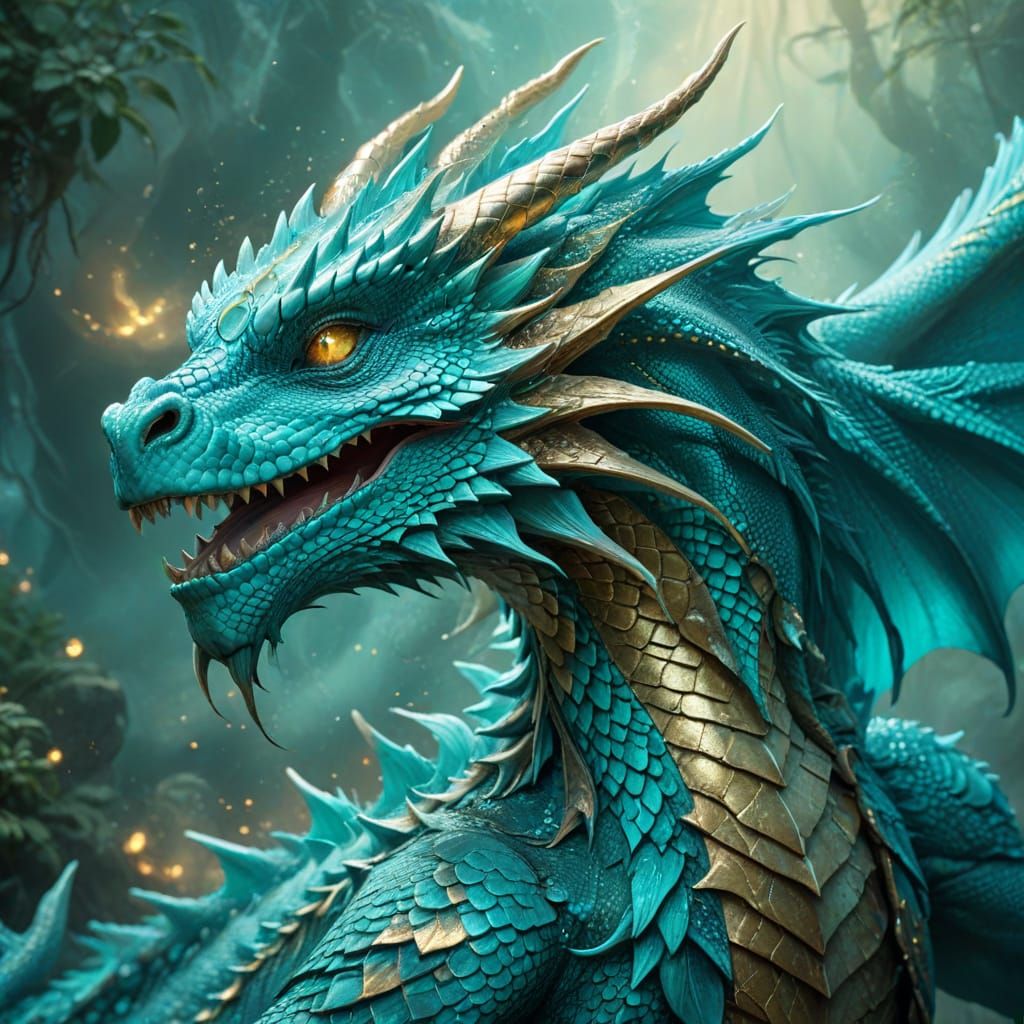 Turquoise Dragon in Mystic Fantasy World