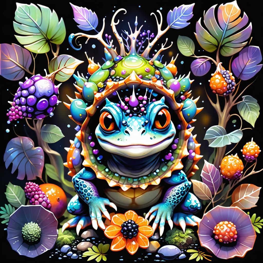Baby Frog-Tortoise with Berry: Fantasy Creature Art