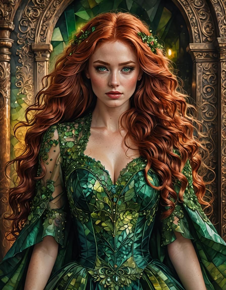 Stunning Redhead in Detailed Gown: Digital Art