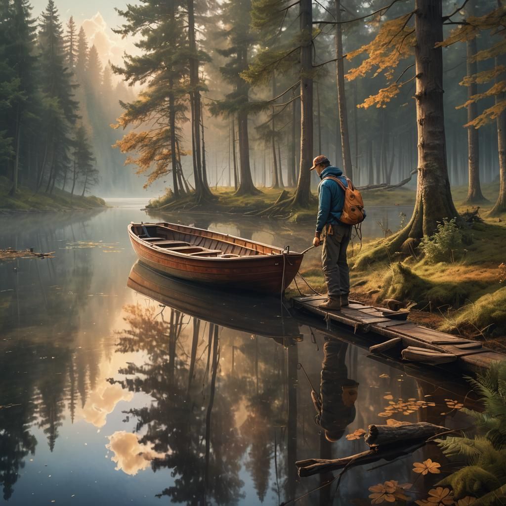 Handyman Repairs Boat on Misty Lake: Digital Painting