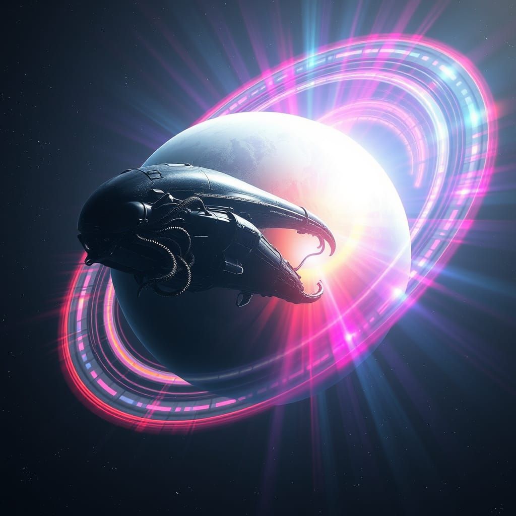 Biomechanical Spacecraft Enters a Gas Giant with Heart-Shape...