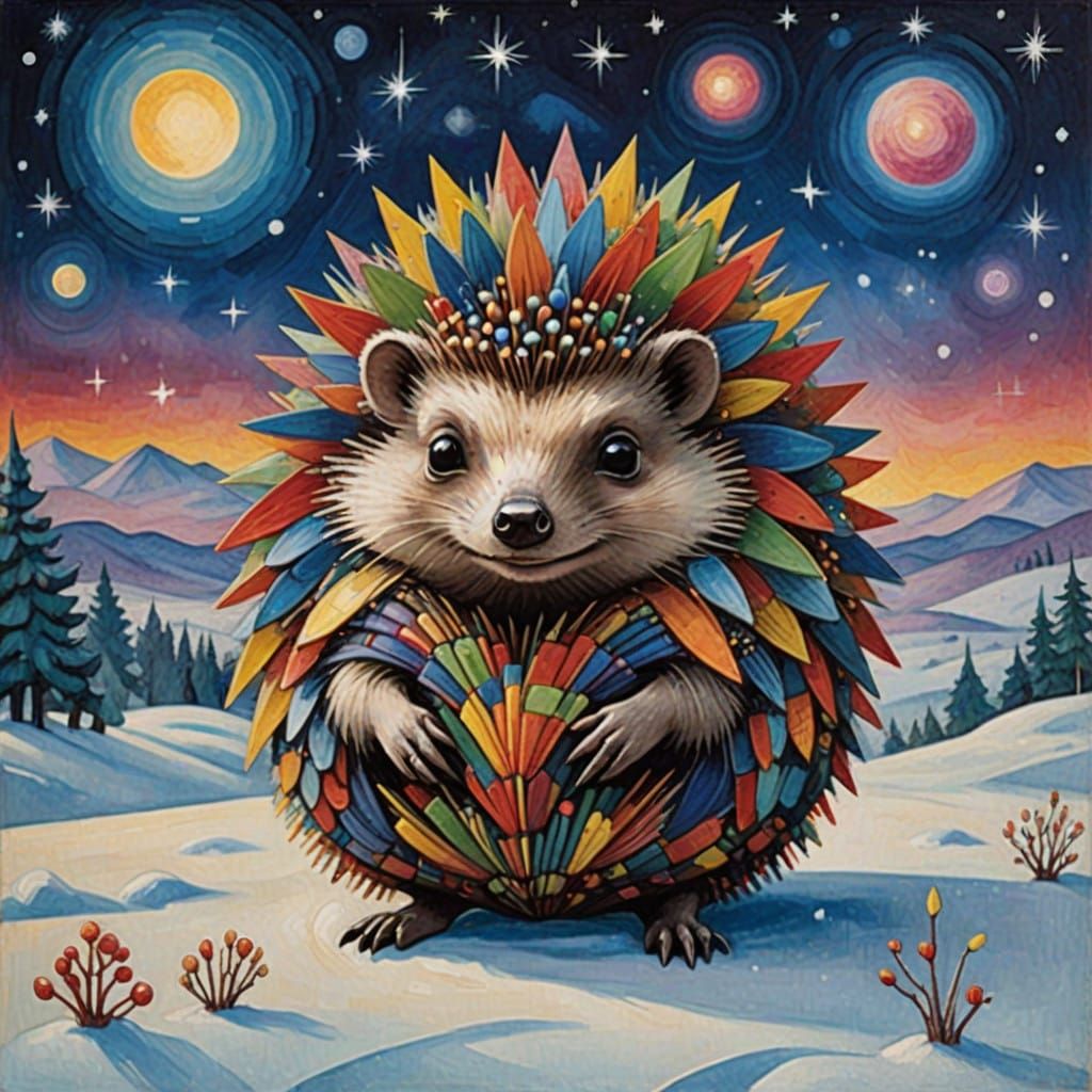 Surreal Winter Landscape with Hedgehog in a Futuristic Style