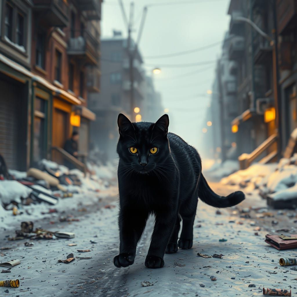 Cyberpunk Feline Navigates Ruined Winter Street