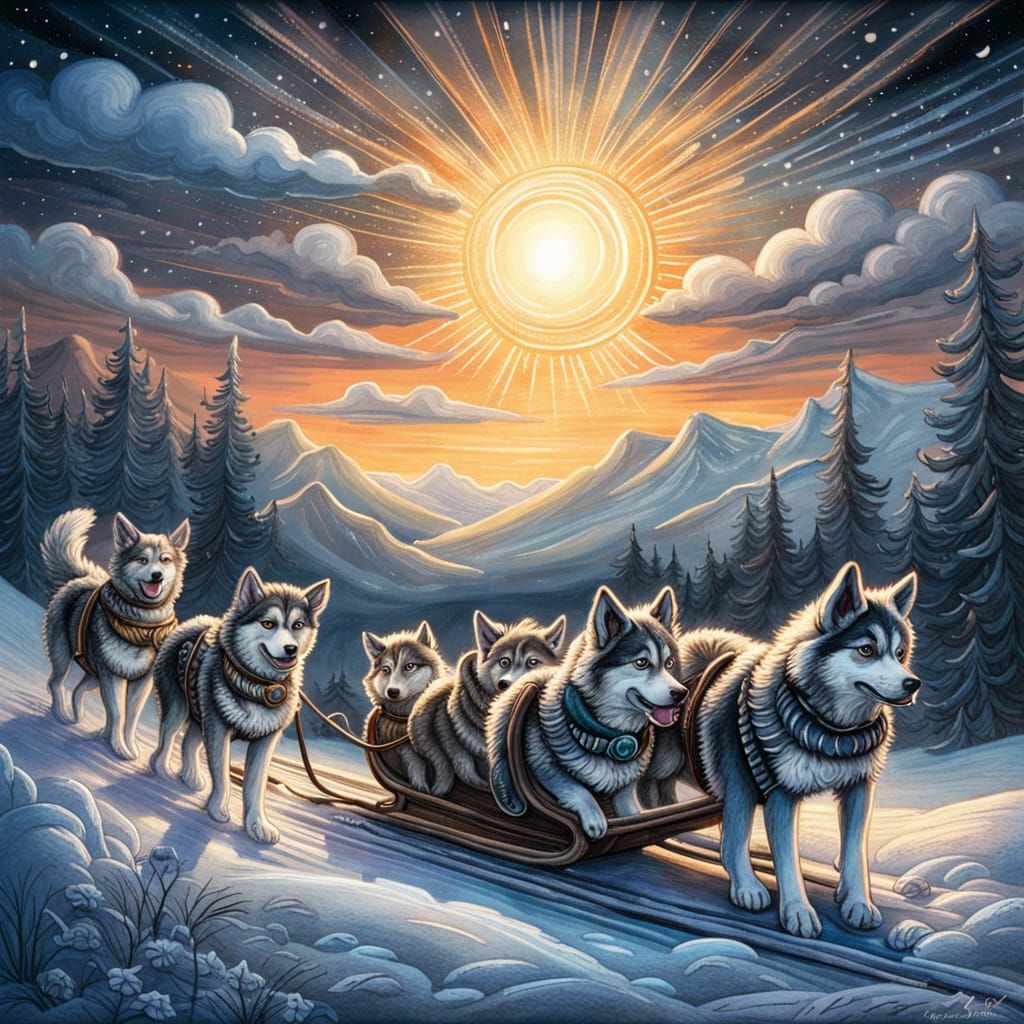 Husky Dogs Sledding Sun: Gouache Watercolor Art